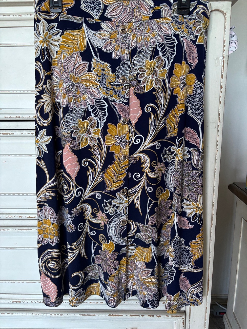 Lavish Navy Floral A-Line Midi Skirt with Pink and Mustard Accents